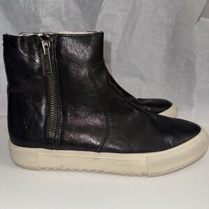 Frye Leather High Top Shearling Boot Sneakers Gia Lug Double Zip Black Sz 8